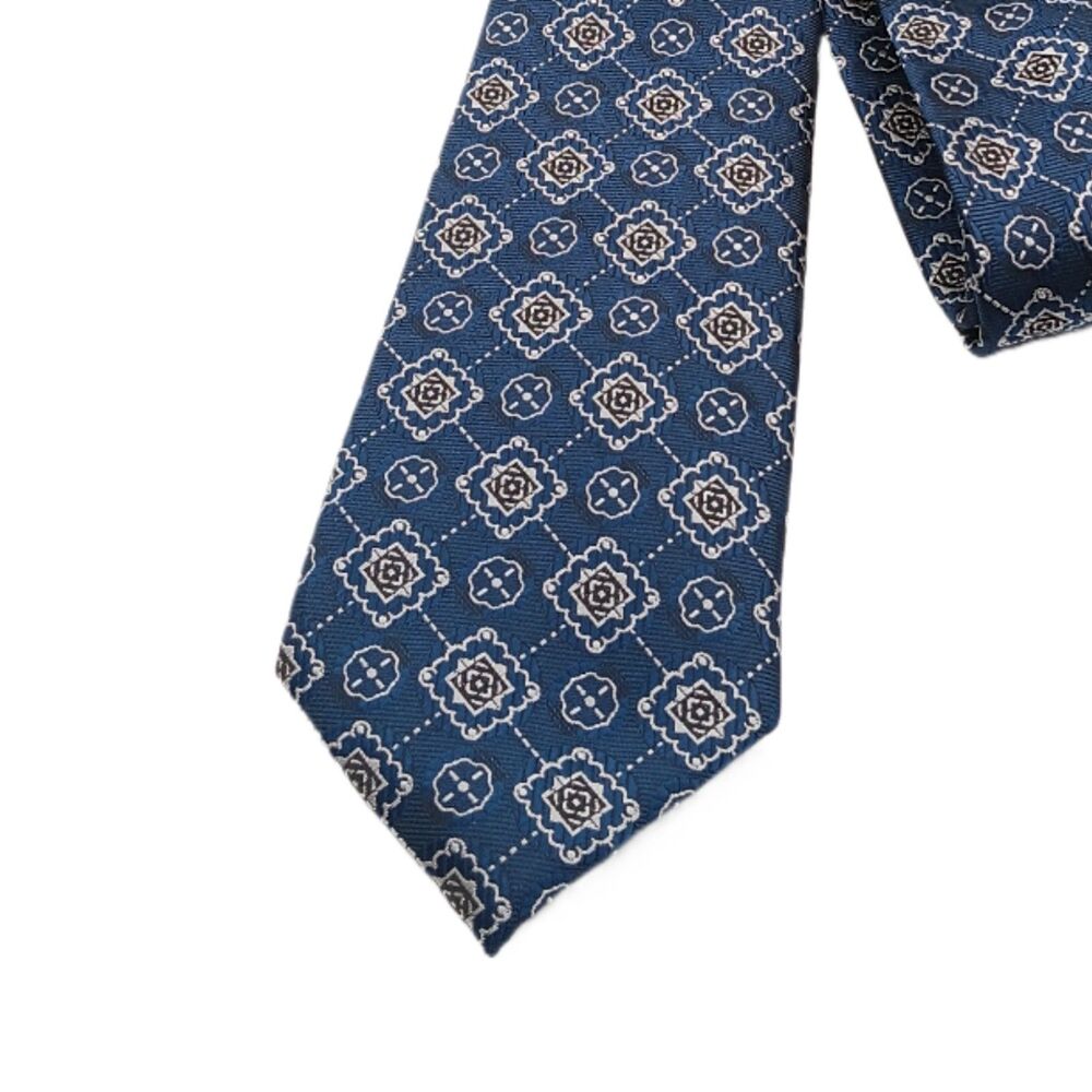 Brand Q Tie Mens Long 62.5” Blue Gray Geometric Microfiber Designer Skinny New